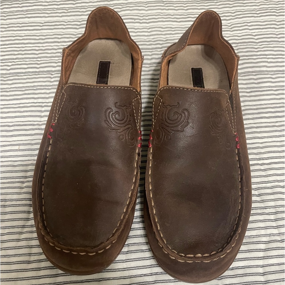 OluKai Nohea Nubuck Brown Leather Slip On Loafers Women's Size 8.5 20174-4834
